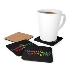 Square coasters with the rainbow colored Happiness Matters logo on black background