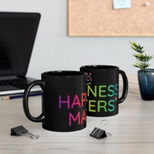 2 black mugs with the rainbow colored Happiness Matters logo on black background