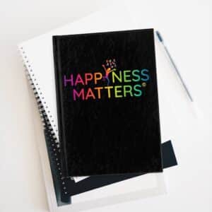 Spiral bound lined notebook with Happiness Matters logo on black background