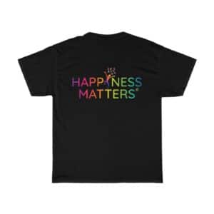 black t-shirt with rainbow colored Happiness Matters logo over chest area